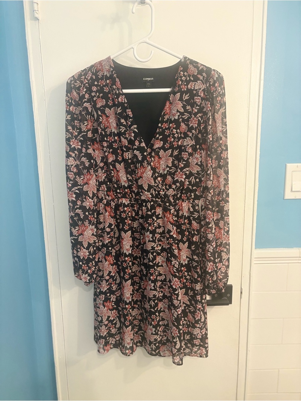 Express Black Floral Long Sleeve Wrap Dress with Pink Accents